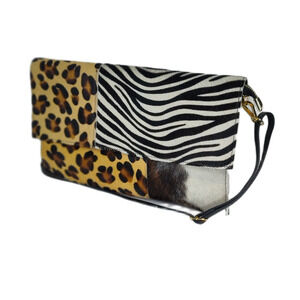 Charlie Leather Labelle Black & Leopard/Zebra Fur Small/Med Clutch/Crossbody–NWT
